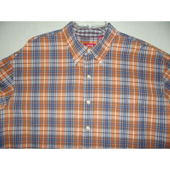 IZOD Shirt Mens XL Orange White Blue Plaid Button-Down Collar Heritage Tartan - Picture 5 of 12
